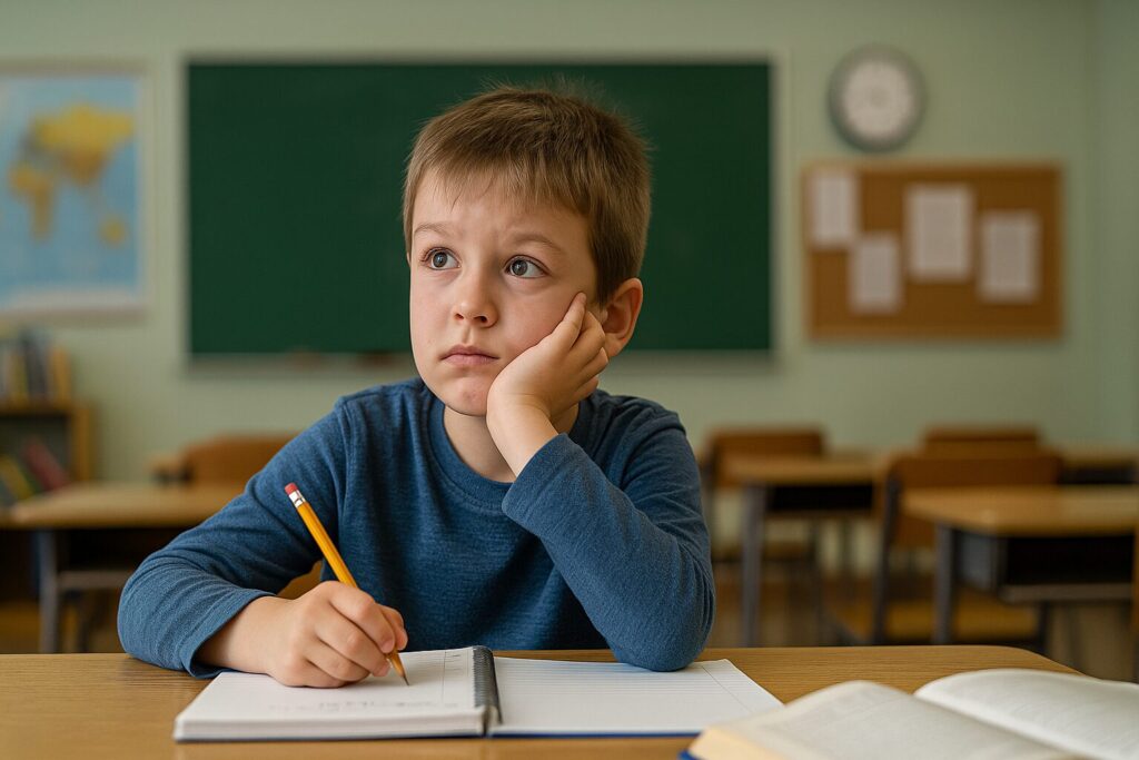 A kid concentrating in class